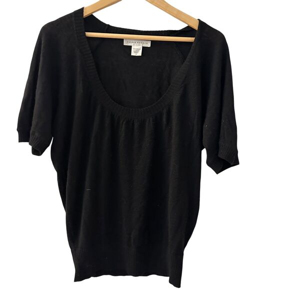 Susana Monaco Black 100% Merino Wool Short Puff Sleeve Scoop Neck Sweater S - Picture 1 of 5